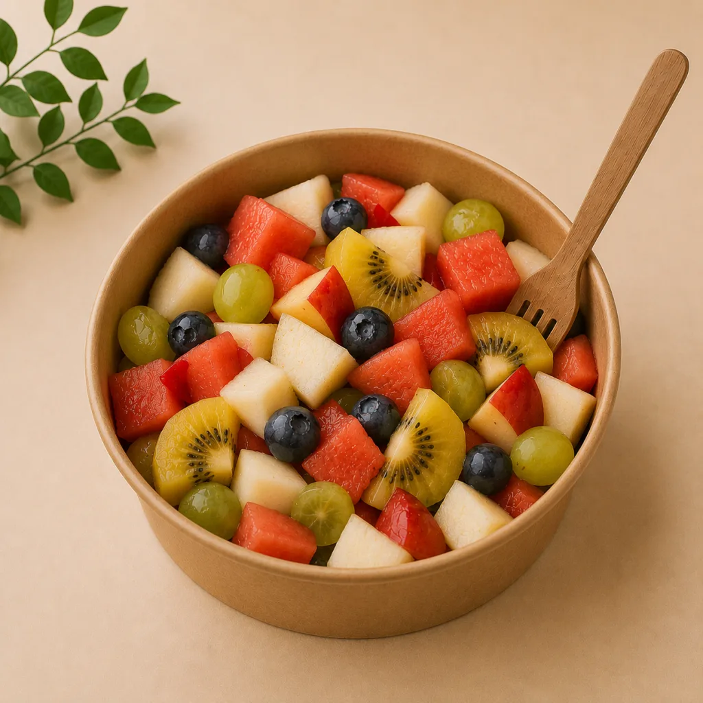A fresh fruit bowl with watermelon, kiwi, apple, grapes and blueberries