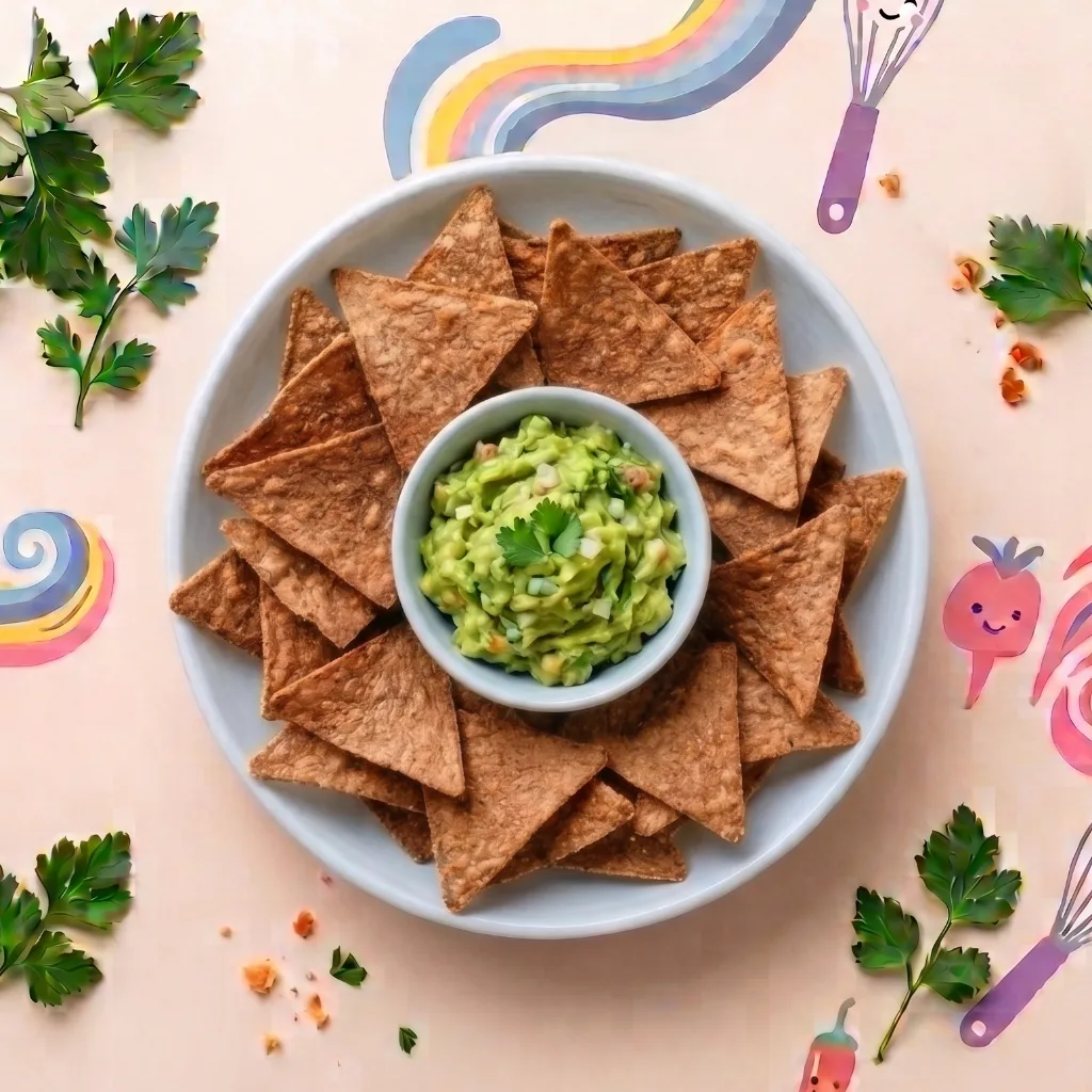 Baked tortilla chips with guacamole