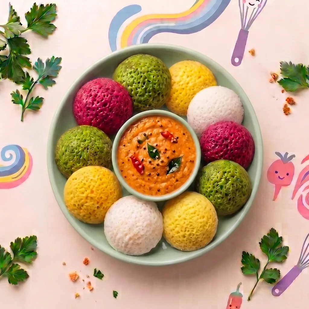Rainbow idlis with tomato chutney