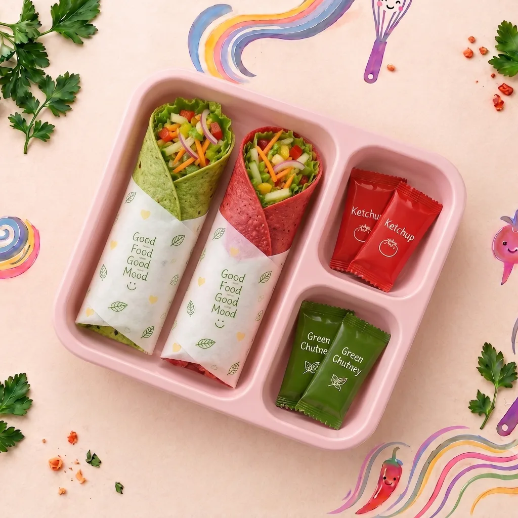 Spinach and beetroot veg wraps with ketchup and green chutney