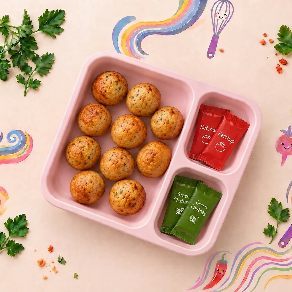 Golden appam balls in a lunch tray with ketchup and green chutney