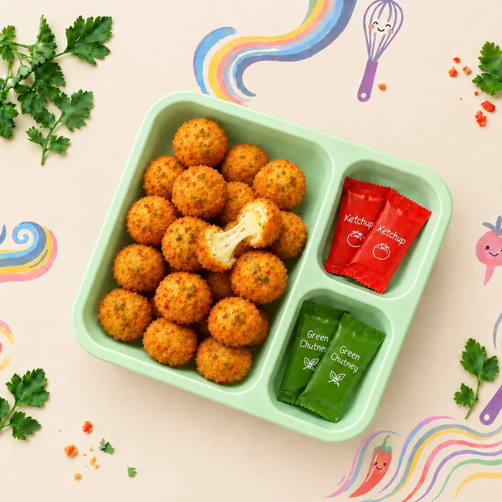 Cheese corn balls in a lunch tray with ketchup and green chutney