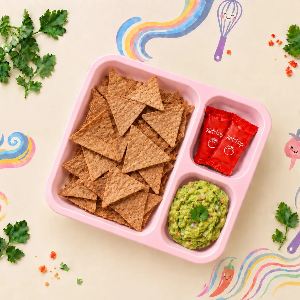 Baked tortilla chips with guacamole in a lunch tray