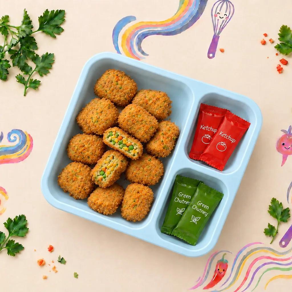 Crispy veg nuggets in a lunch tray with ketchup and green chutney