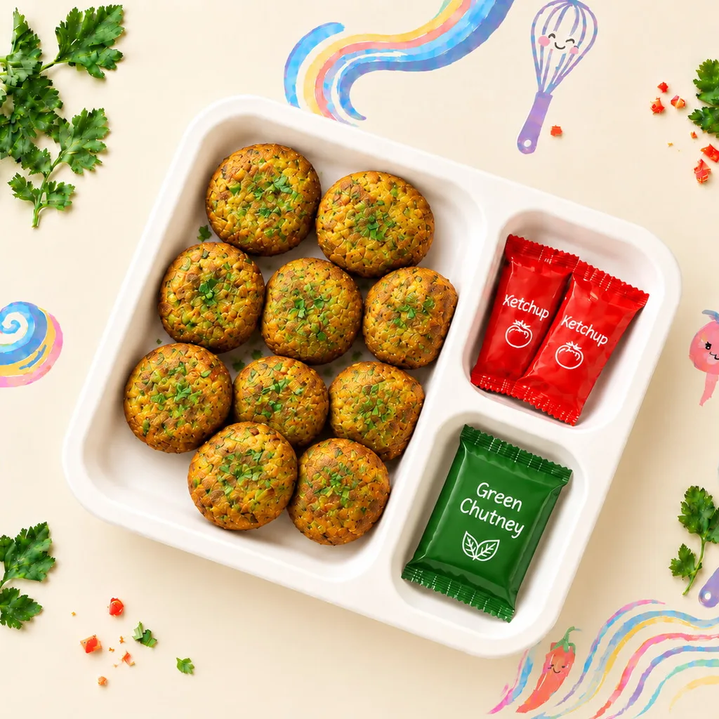 Green veg tikkis in a lunch tray with ketchup and green chutney